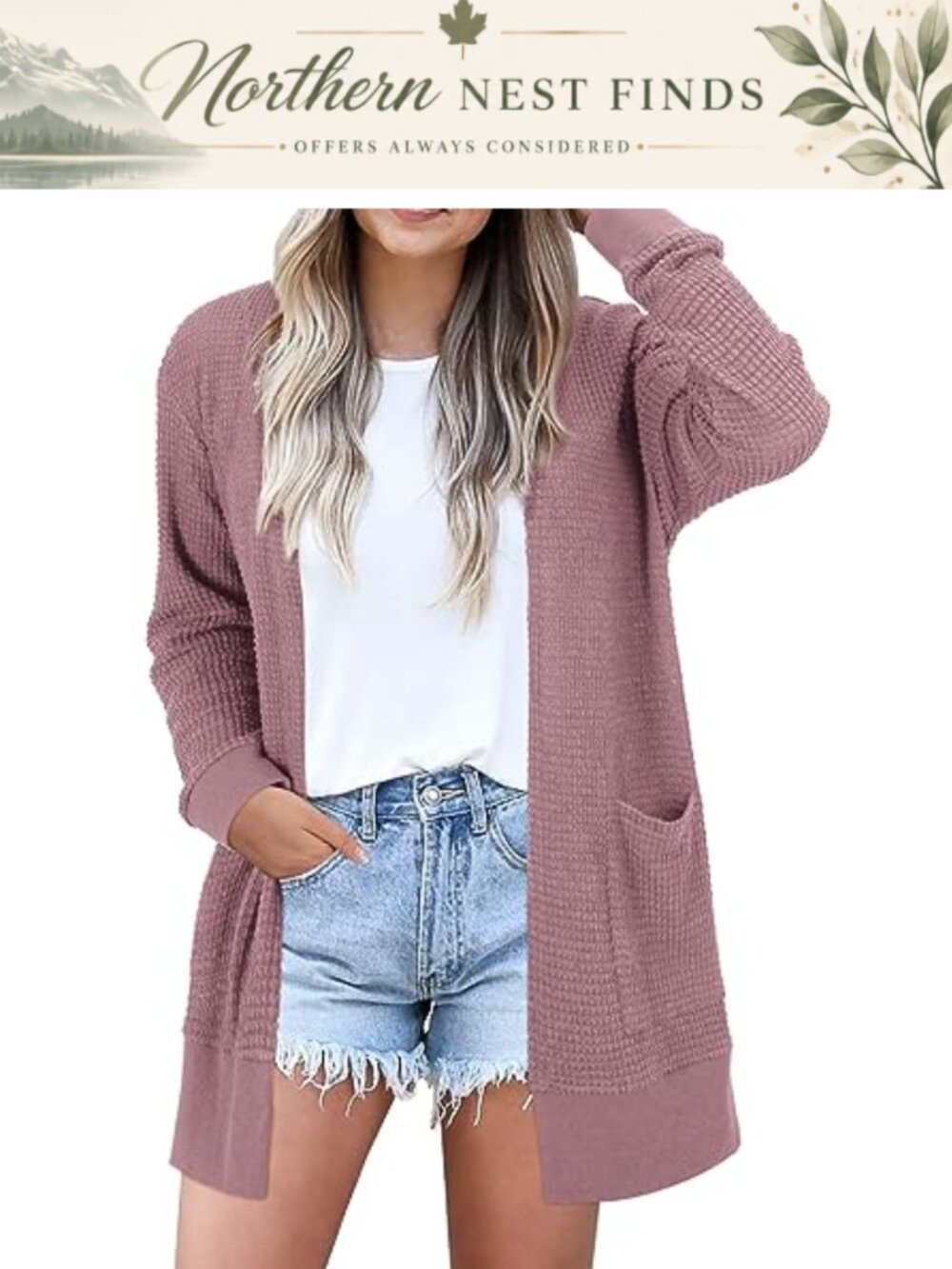 Waffle Knit Open Front Cardigan with Pockets Lightweight V Neck Long Sleeve